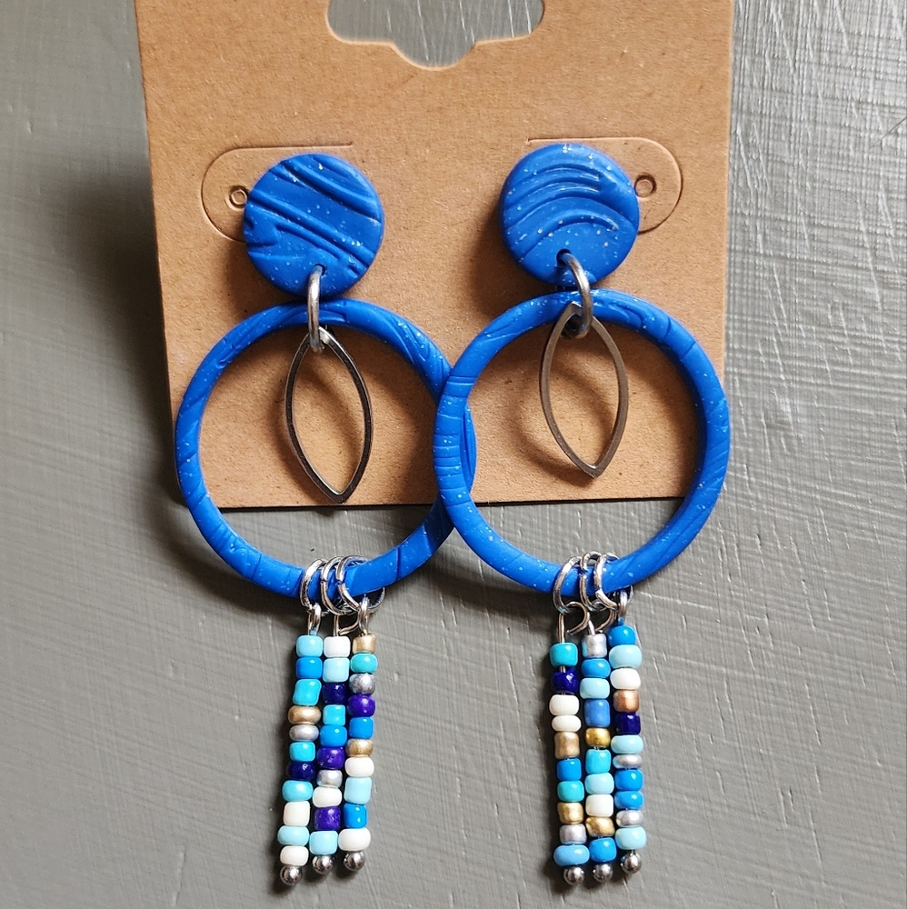 Blue Clay and Bead Dangle Earrings
